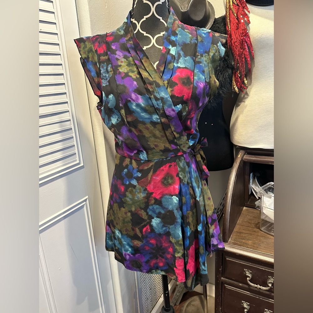 Anthropologie Fei 100% Silk Wrap Top Excellent Condition Jewel Tones